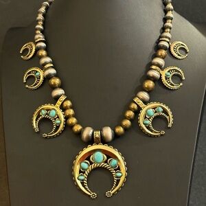 Carolyn Pollack Brass & Sterling Silver Navajo Pearls Squash Blossom Necklace